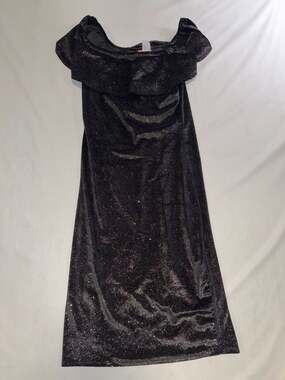 Ragdoll Sparkly Off-the-Shoulder Ruffle Midi Dress, Black Glitter, Size Large